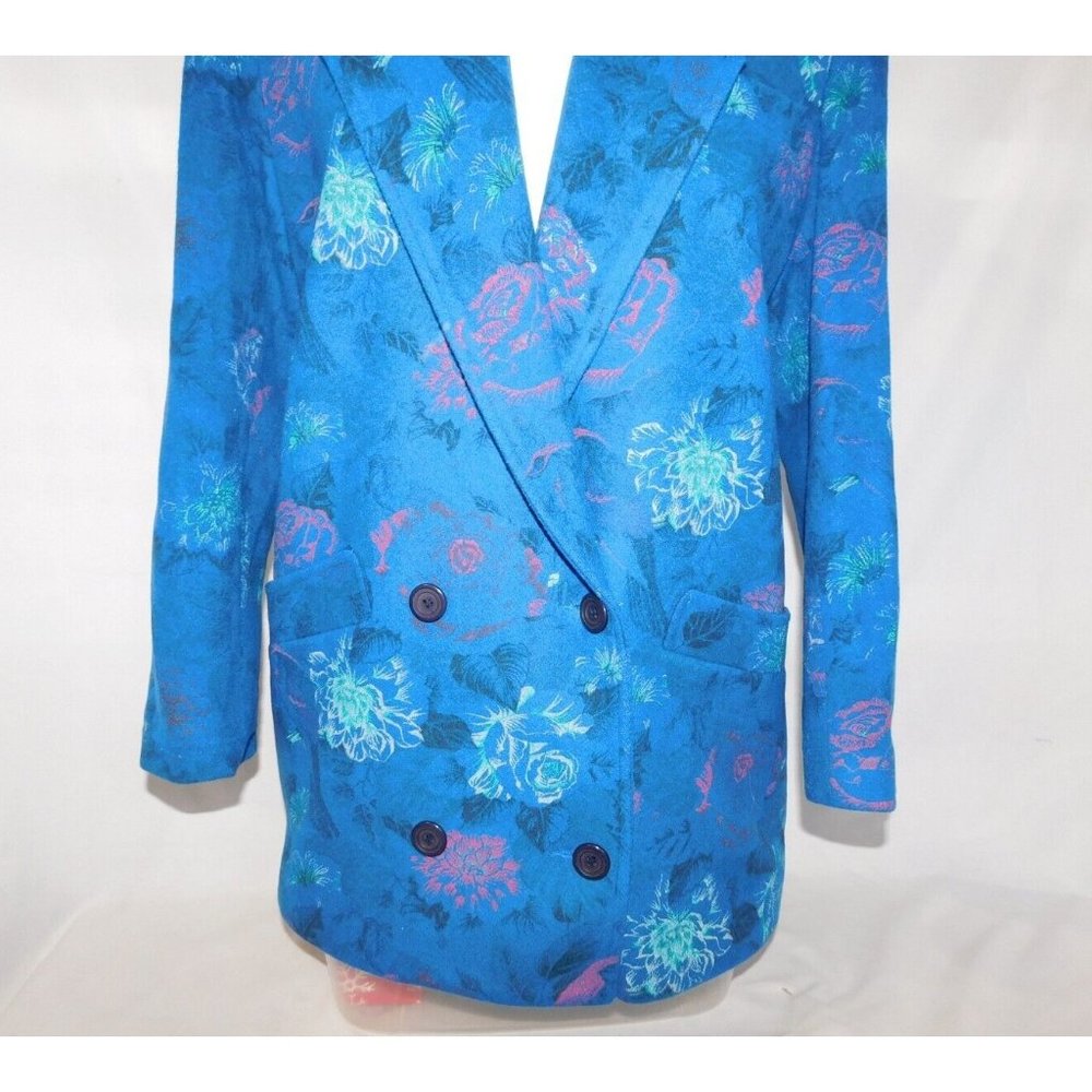 VTG LOUBEN Women 8 Blue Floral Wool Blend Oversized Blazer Jacket Shoulder Pads - Picture 6 of 12
